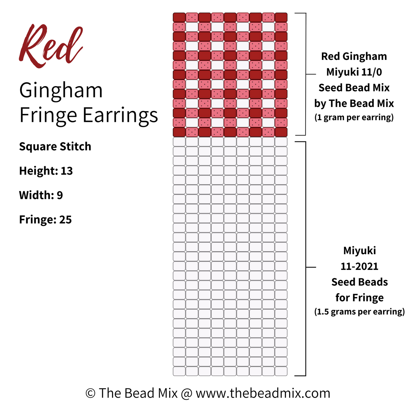 Free square stitch beading pattern to make red gingham pattern fringe earrings by The Bead Mix