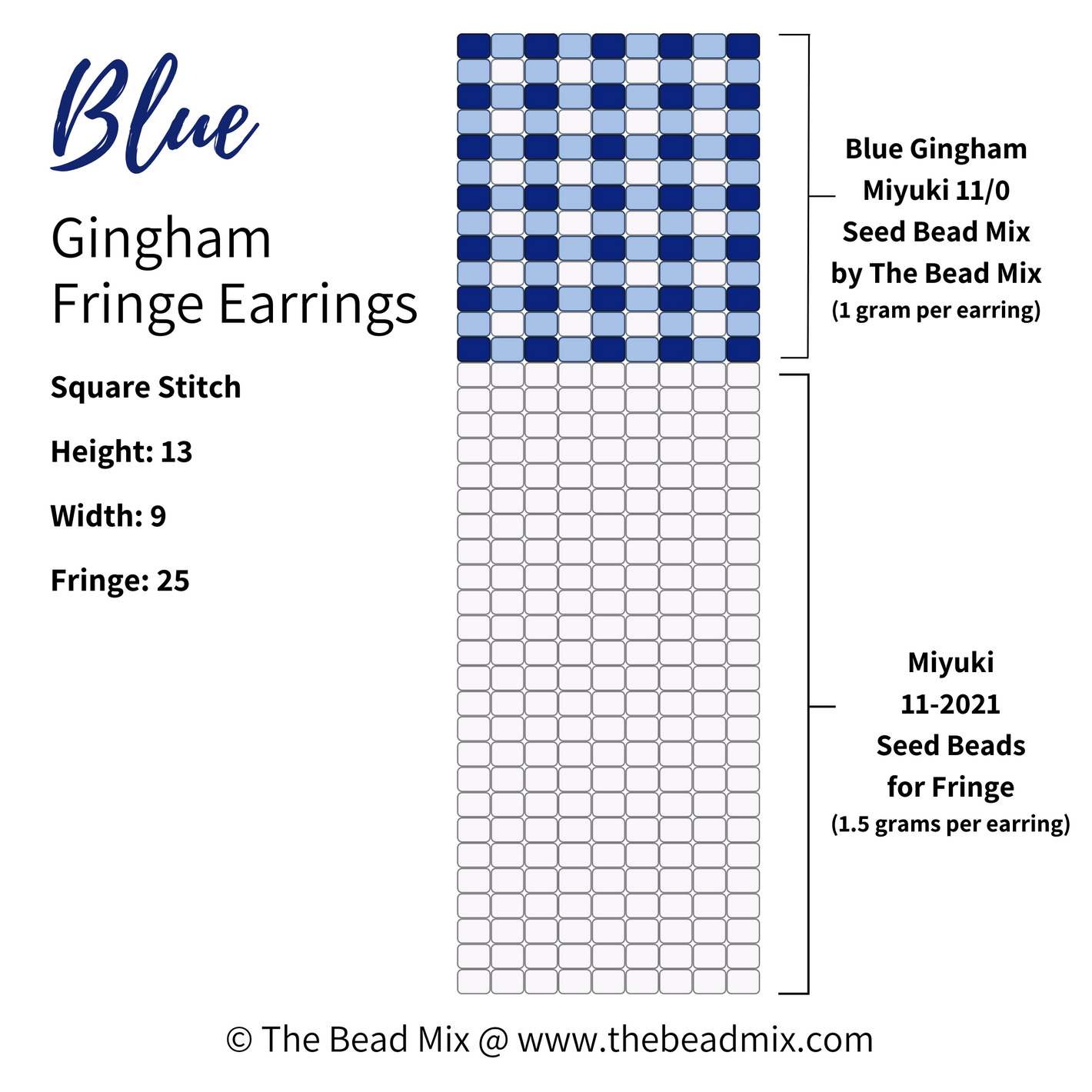 Free square stitch beading pattern to make blue gingham pattern fringe earrings by The Bead Mix