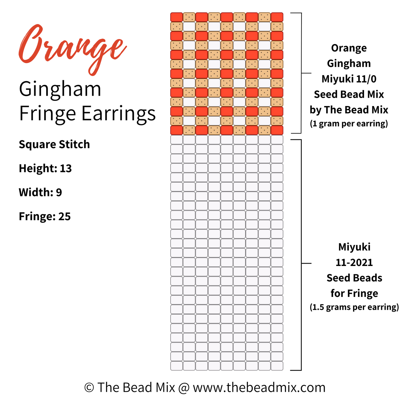 Free square stitch beading pattern to make orange gingham pattern fringe earrings by The Bead Mix