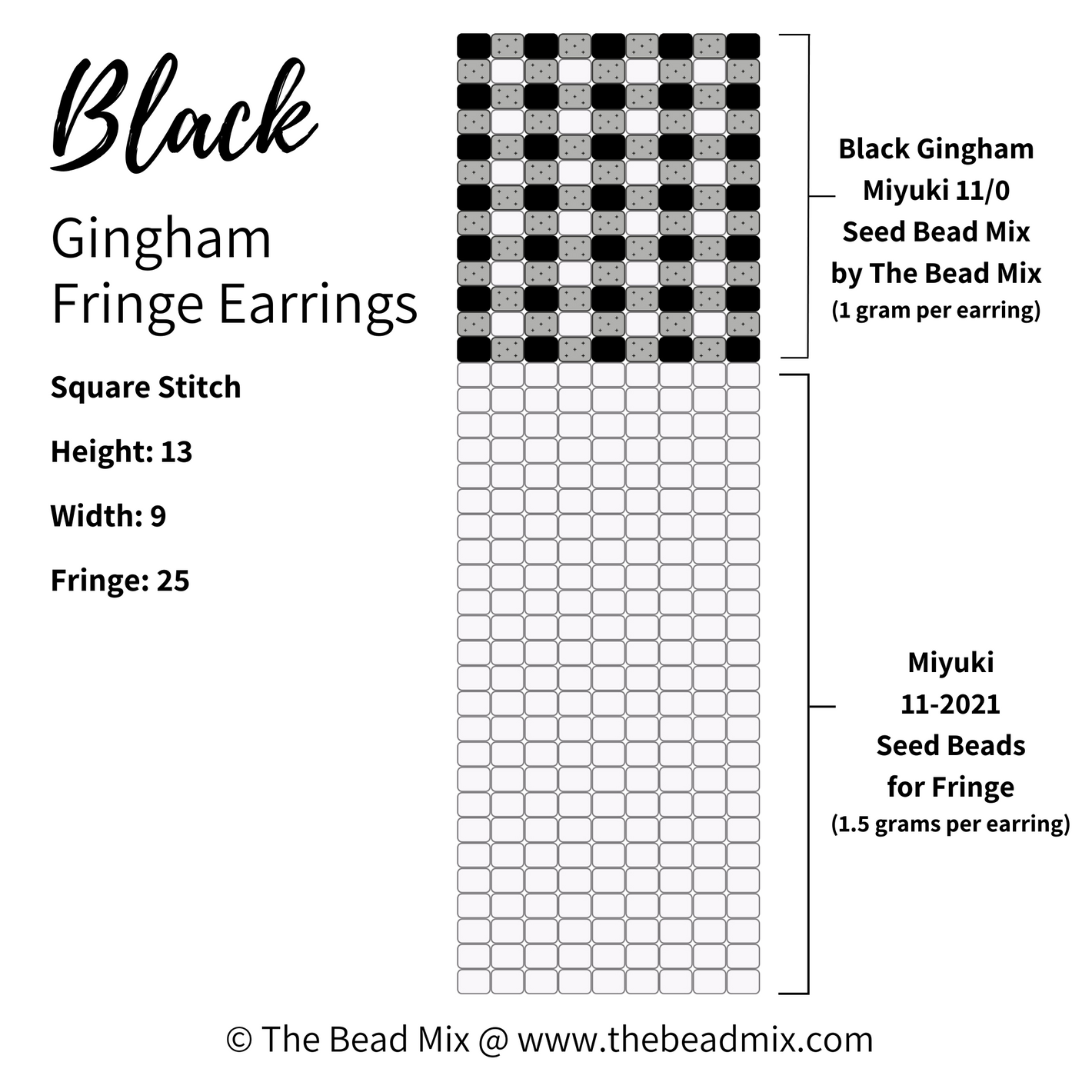 Free square stitch beading pattern to make black gingham pattern fringe earrings by The Bead Mix