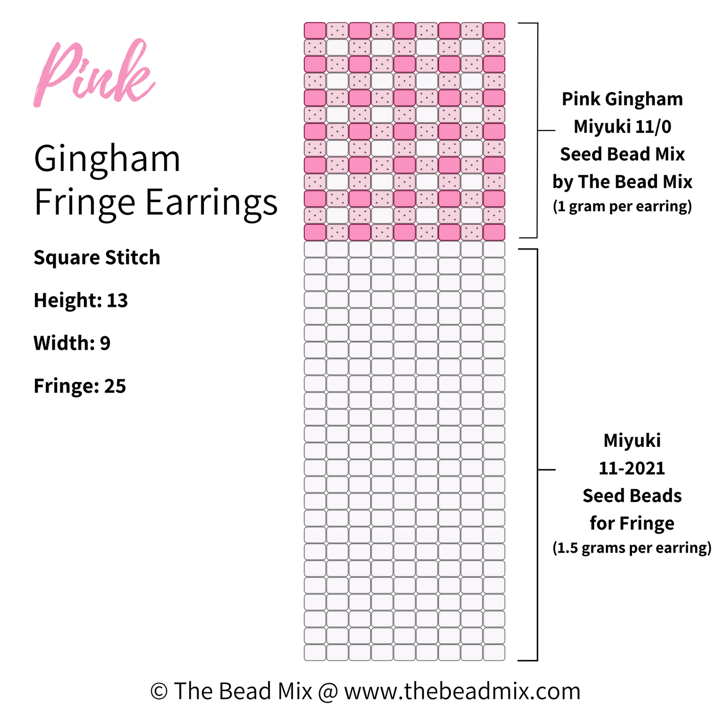 Free square stitch beading pattern to make pink gingham pattern fringe earrings by The Bead Mix