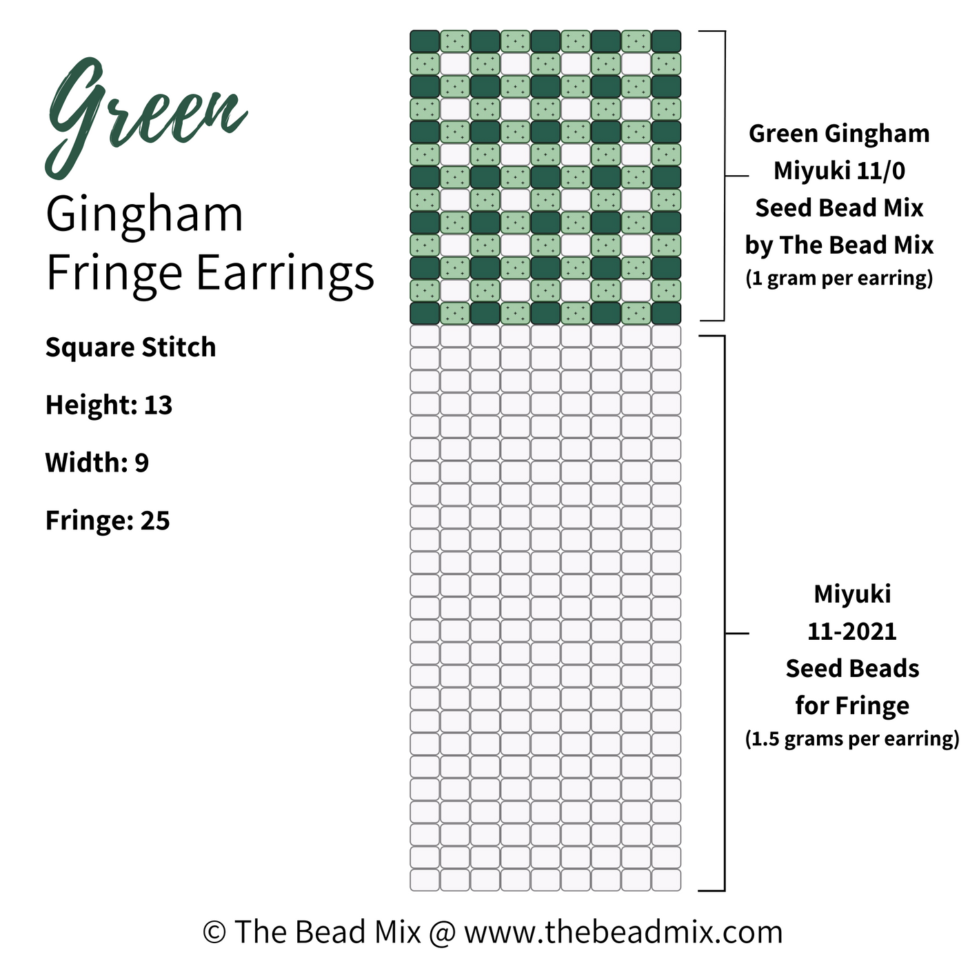 Free square stitch beading pattern to make green gingham pattern fringe earrings by The Bead Mix