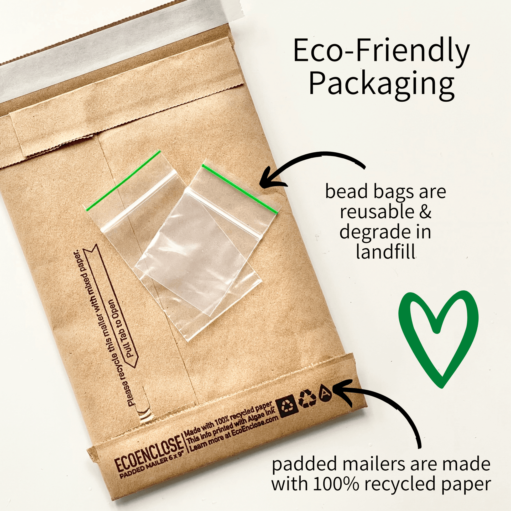 Eco-friendly packaging used by The Bead Mix, including degradable plastic bags and a recycled paper mailer