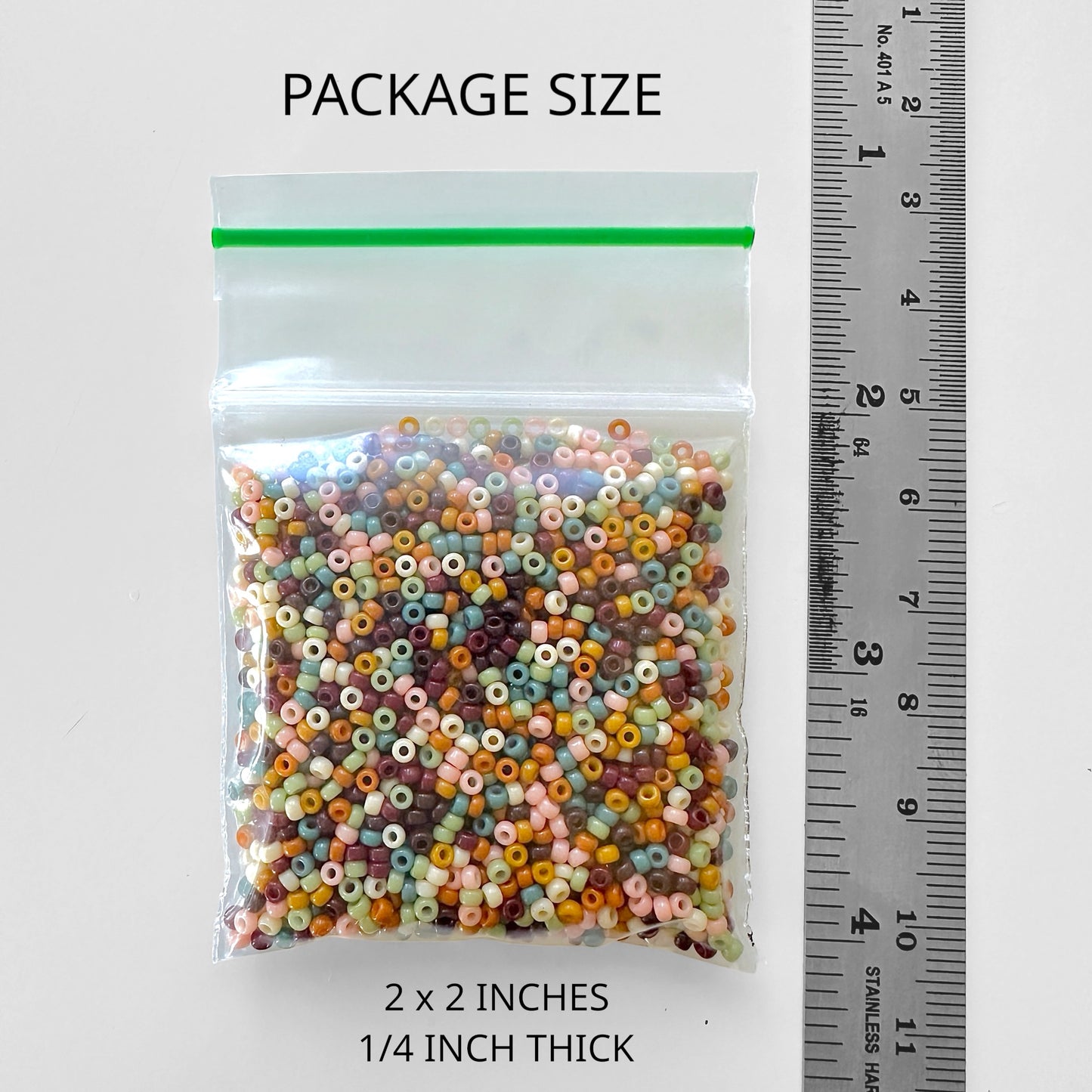 20 grams of Miyuki size 11 seed beads in a clear plastic bag