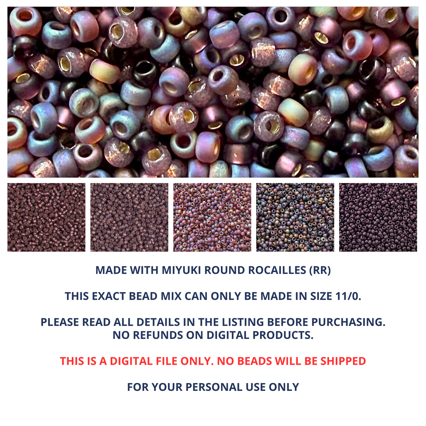 Mix of Miyuki 11/0 round seed beads in shades of plum and mauve with various finishes with individual color swatches and product information at the bottom.
