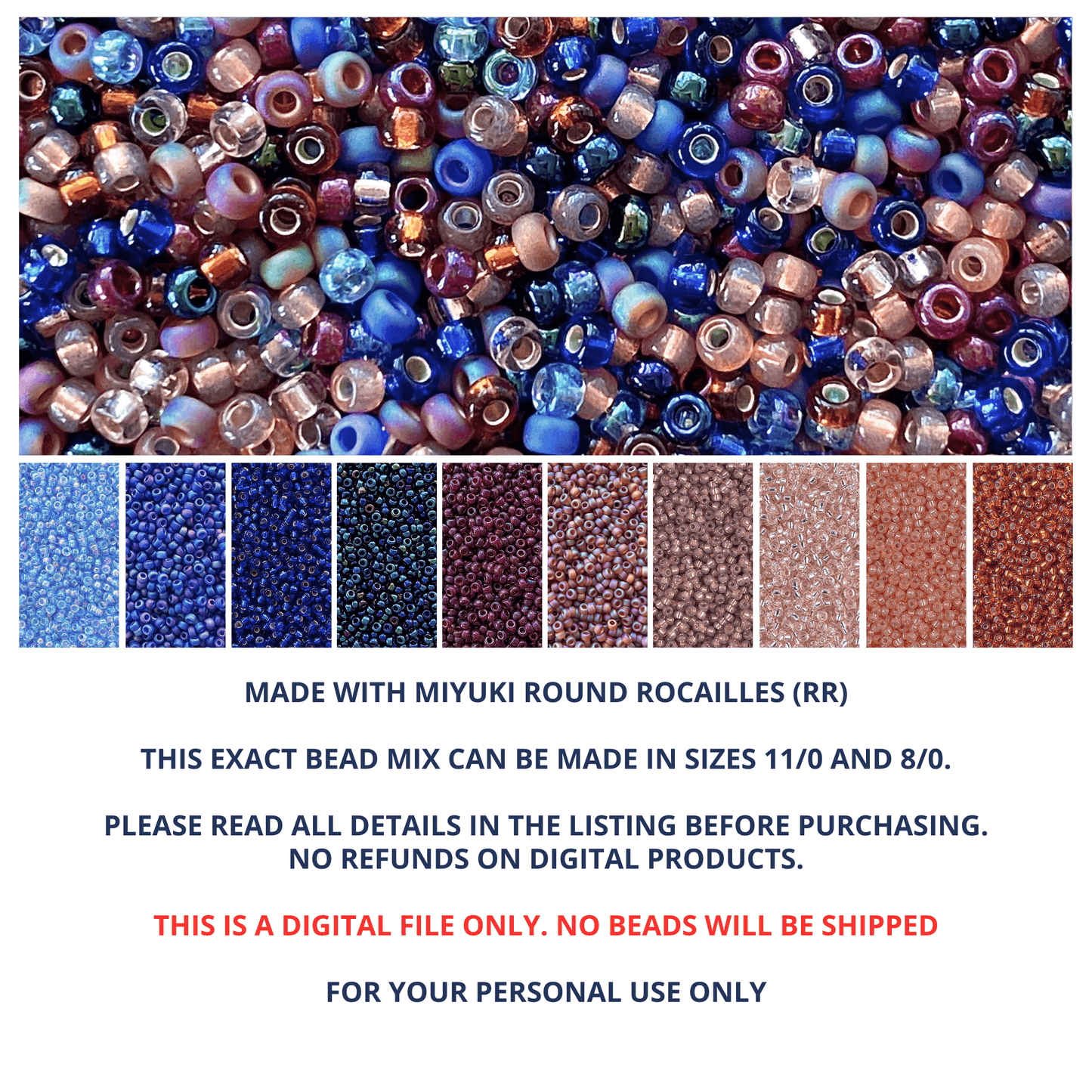 Blue Magic Miyuki seed bead mix and color palette with information about the product.