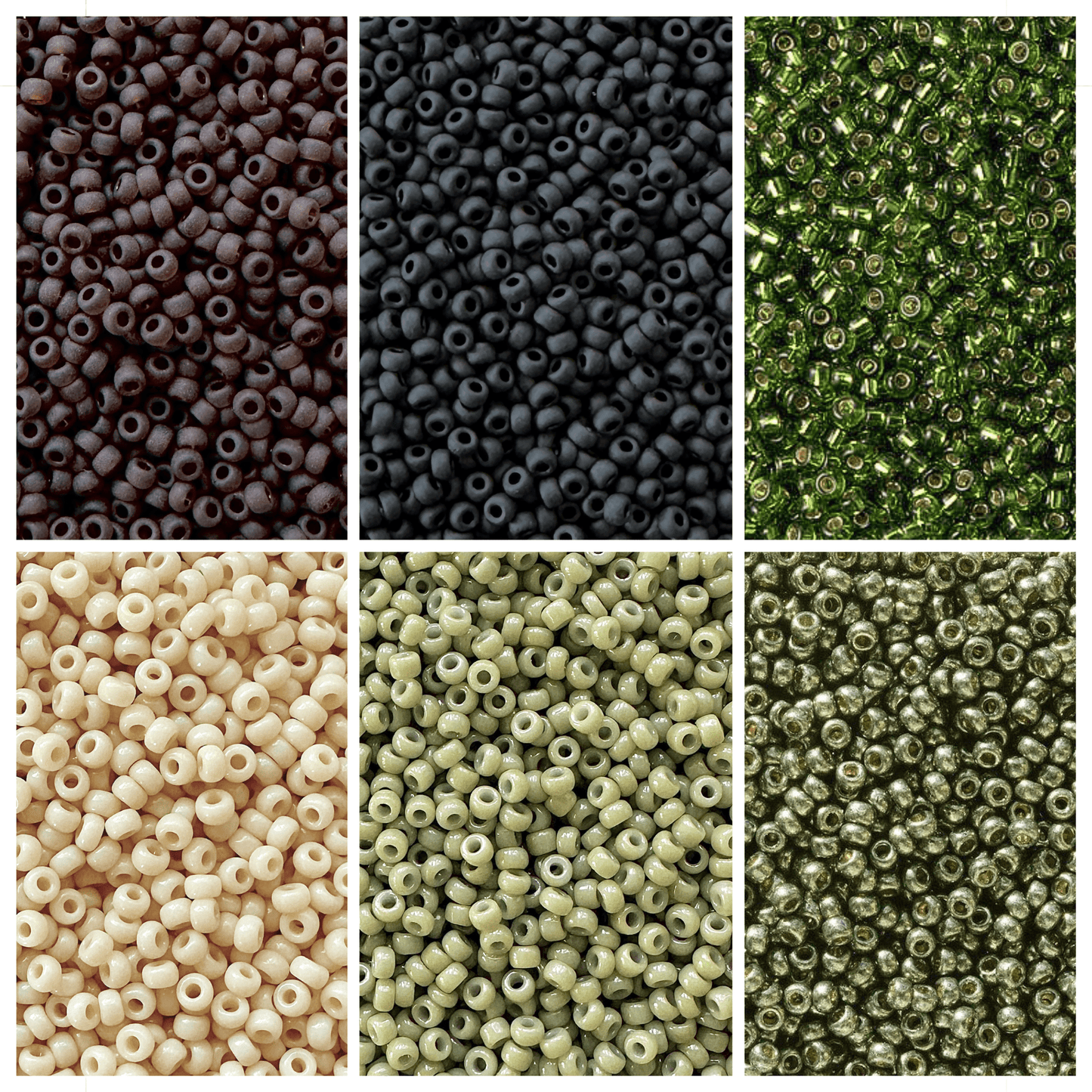 Miyuki seed beads in shades of brown, black, green, and cream.