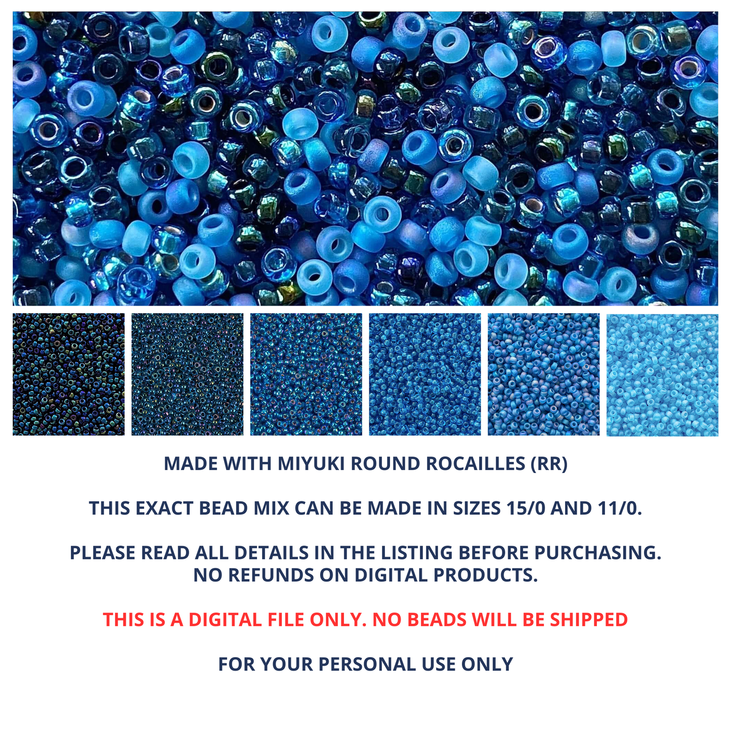 Mix of Miyuki seed beads in shades of blue with color swatches and product details.