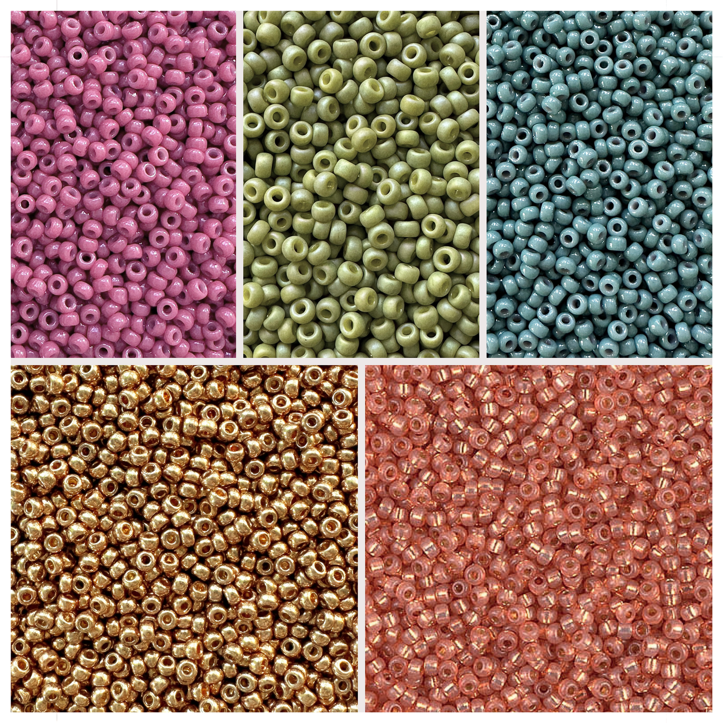 Miyuki seed beads in shades of pink, green, blue, peach, and rose gold.