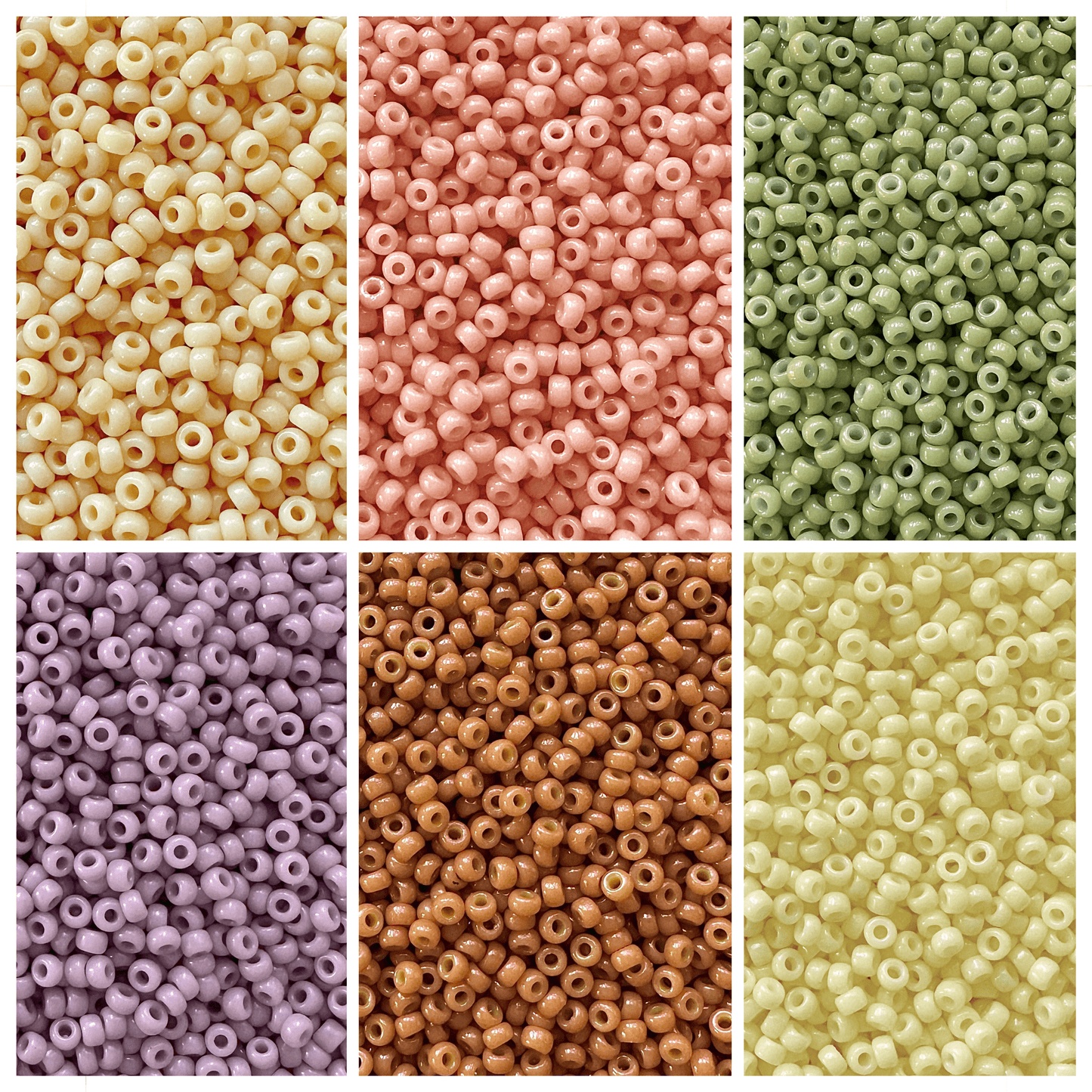 Miyuki seed beads in shades of cream, peach, green, purple, brown, and yellow.
