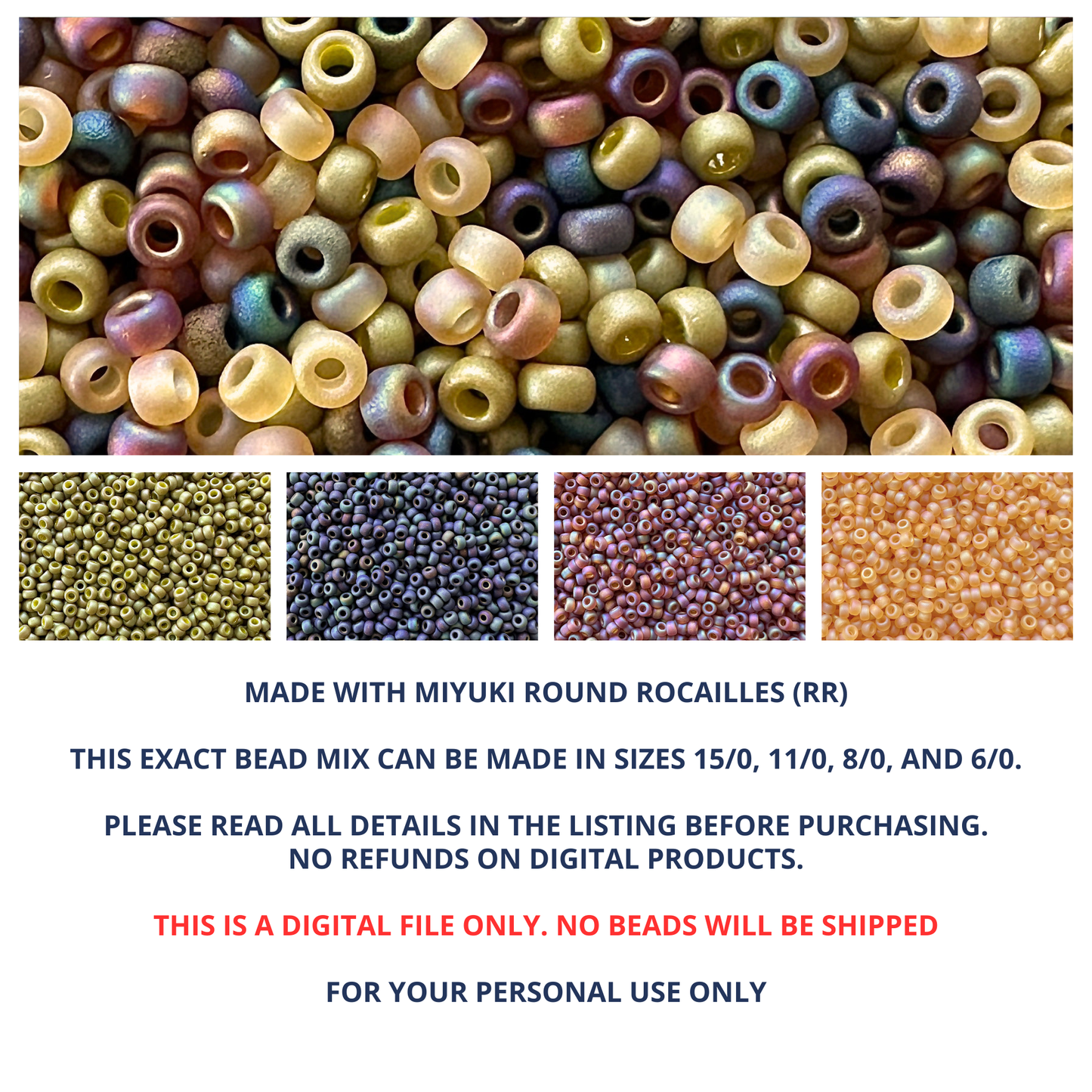 Mix of Miyuki seed beads in shades of shades of green and iridescent black and topaz with color swatches and product details.