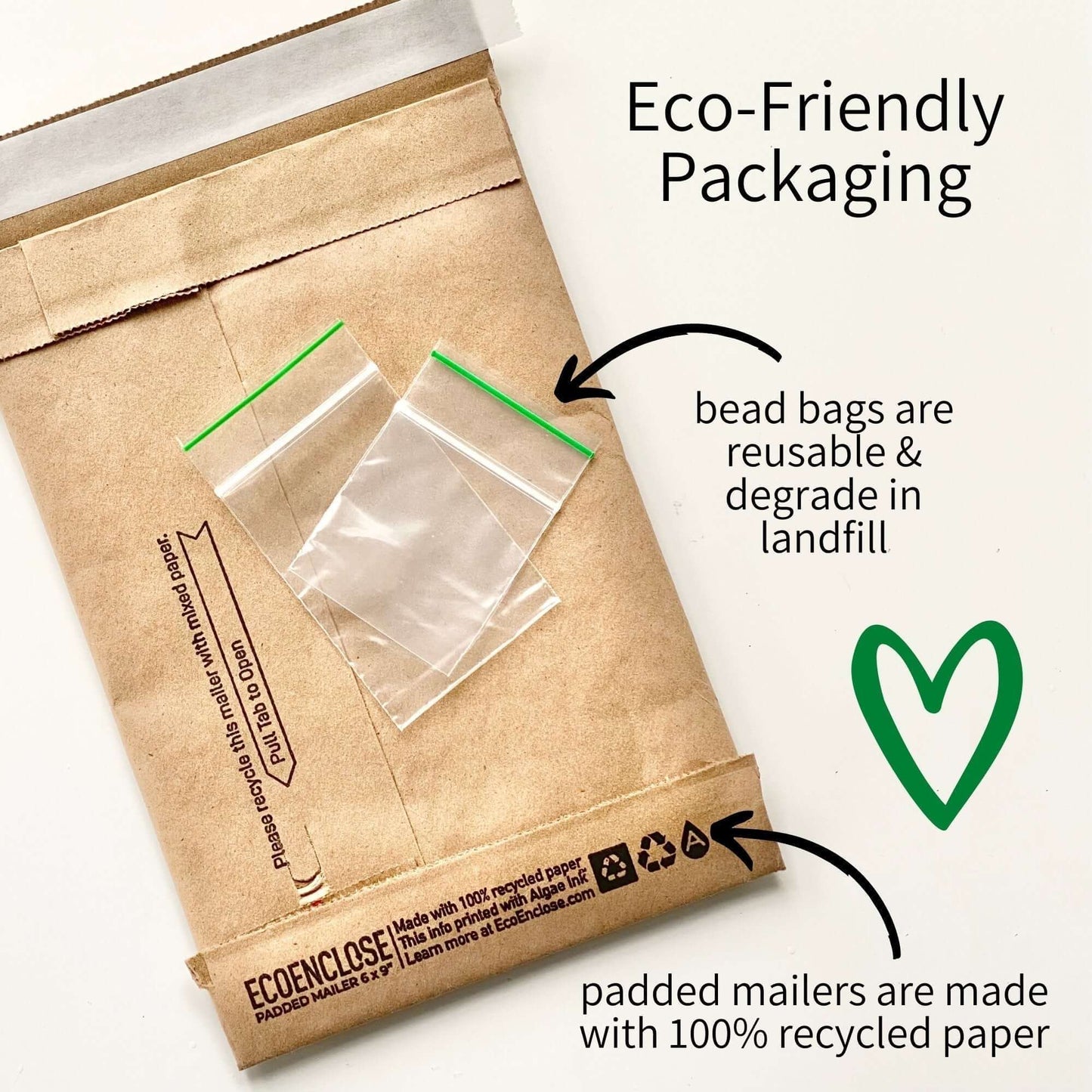 Eco-friendly packaging including recycled paper mailers and degradable plastic baggies used by The Bead Mix