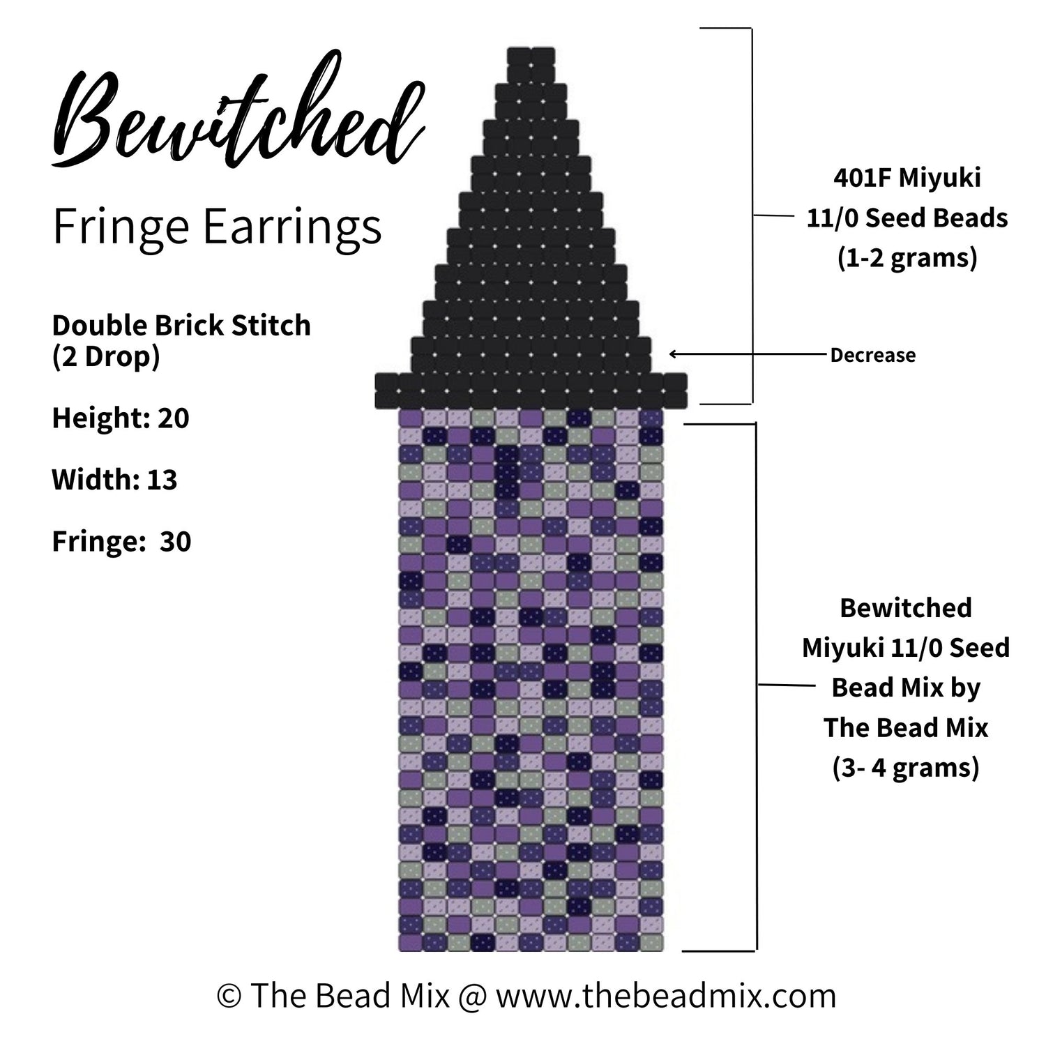 Free beading pattern for witch's hat beaded fringe earrings made with black, purple, and green Miyuki 11/0 seed beads created by The Bead Mix