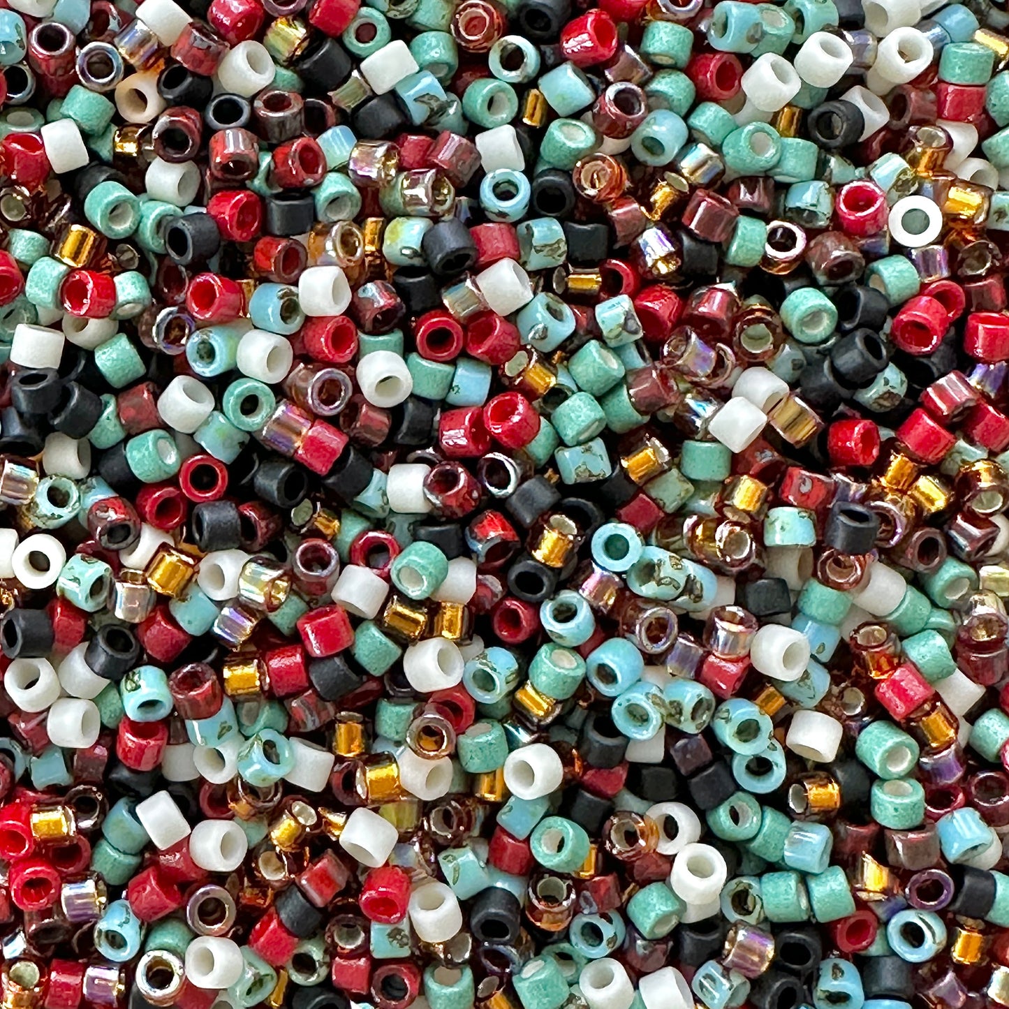 Mix of Miyuki seed beads in shades of red, green, black, white, and gold with color swatches and product details.