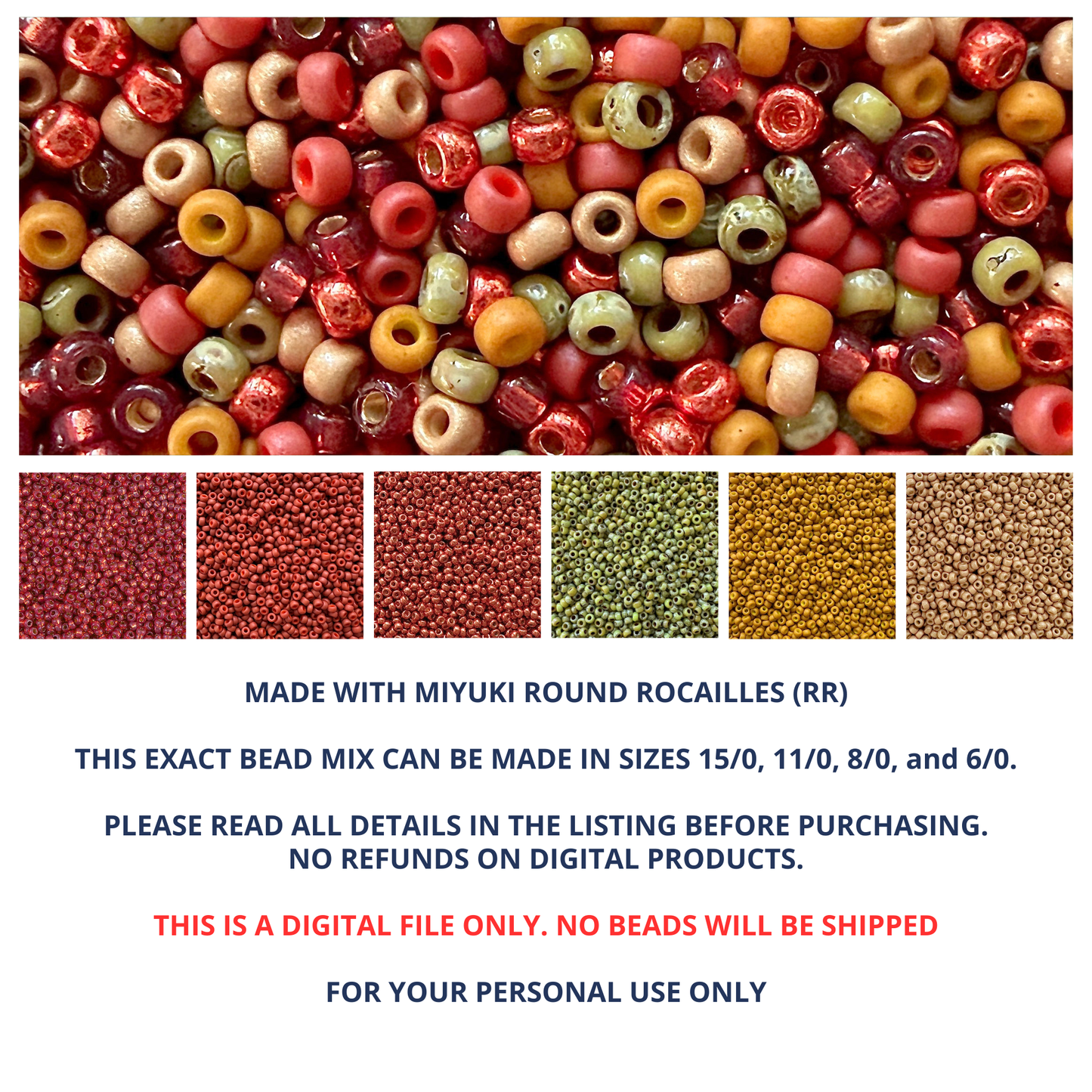 A mix of Miyuki 11/0 round seed beads in autumn colors with individual color swatches and product information below.