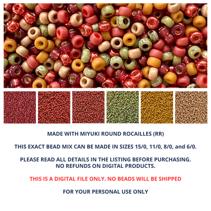 A mix of Miyuki 11/0 round seed beads in autumn colors with individual color swatches and product information below.