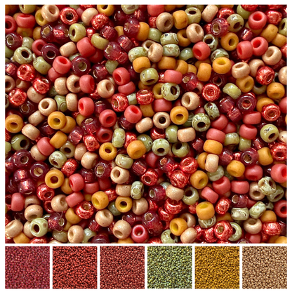 A mix of Miyuki 11/0 round seed beads in autumn colors: cranberry, copper, green, golden yellow, and tan with individual color swatches below.