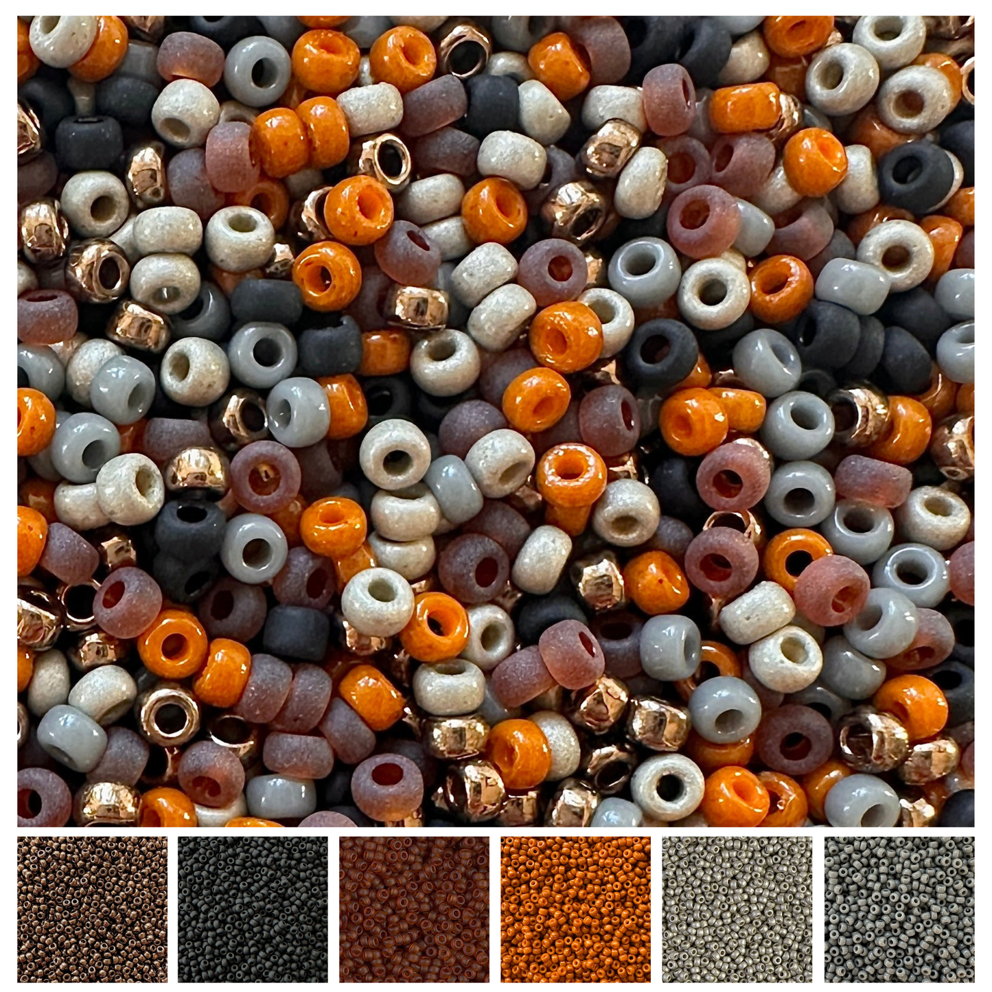 A mix of Miyuki round seed beads in shades or brown, black, orange, gray, and silver with individual color swatches below.