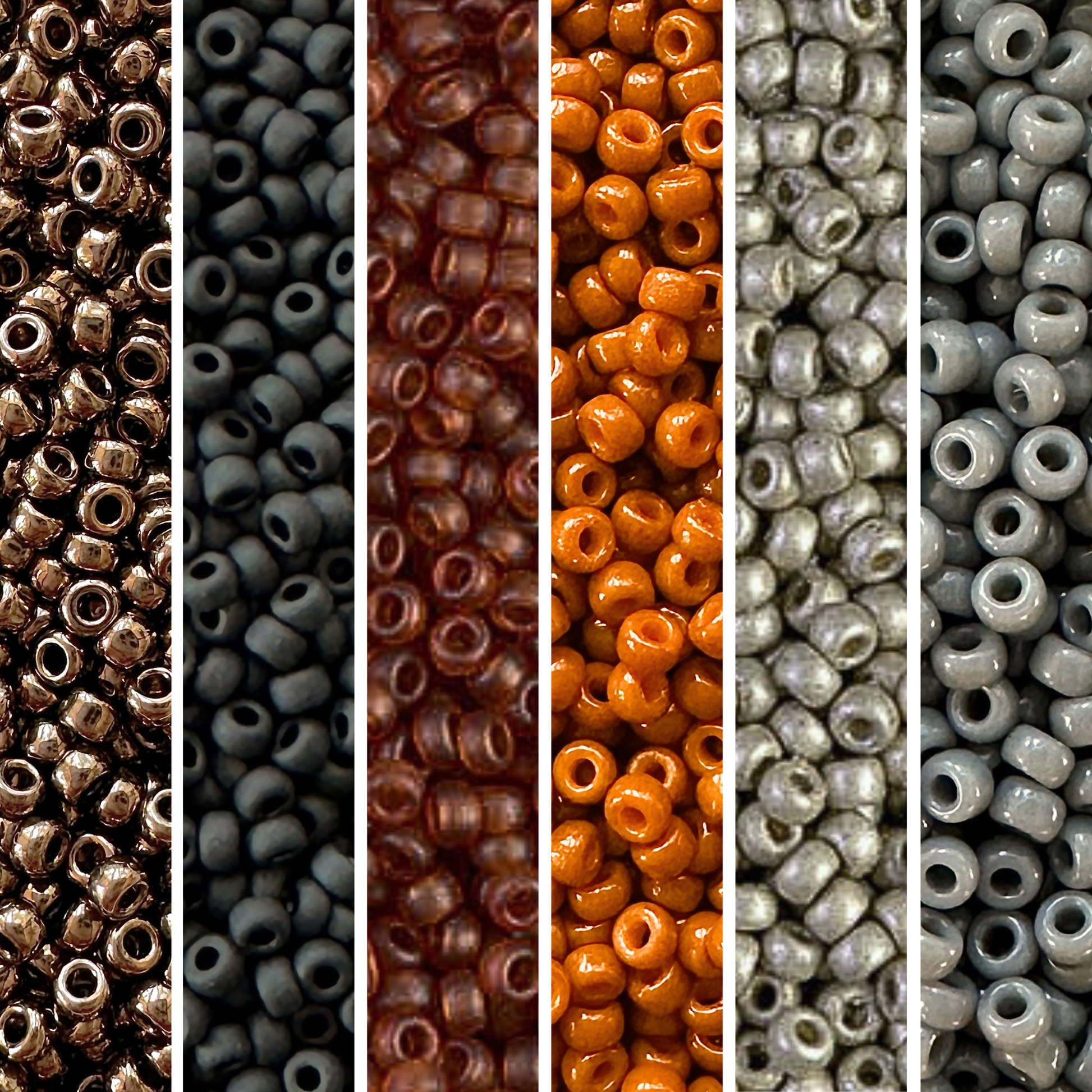 Six vertical columns of Miyuki round seed beads in shades or brown, black, orange, gray, and silver.