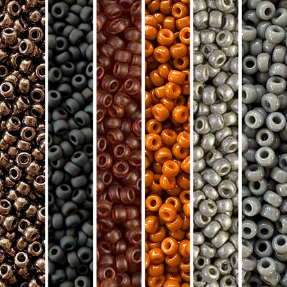 Six vertical columns of Miyuki round seed beads in shades or brown, black, orange, gray, and silver.