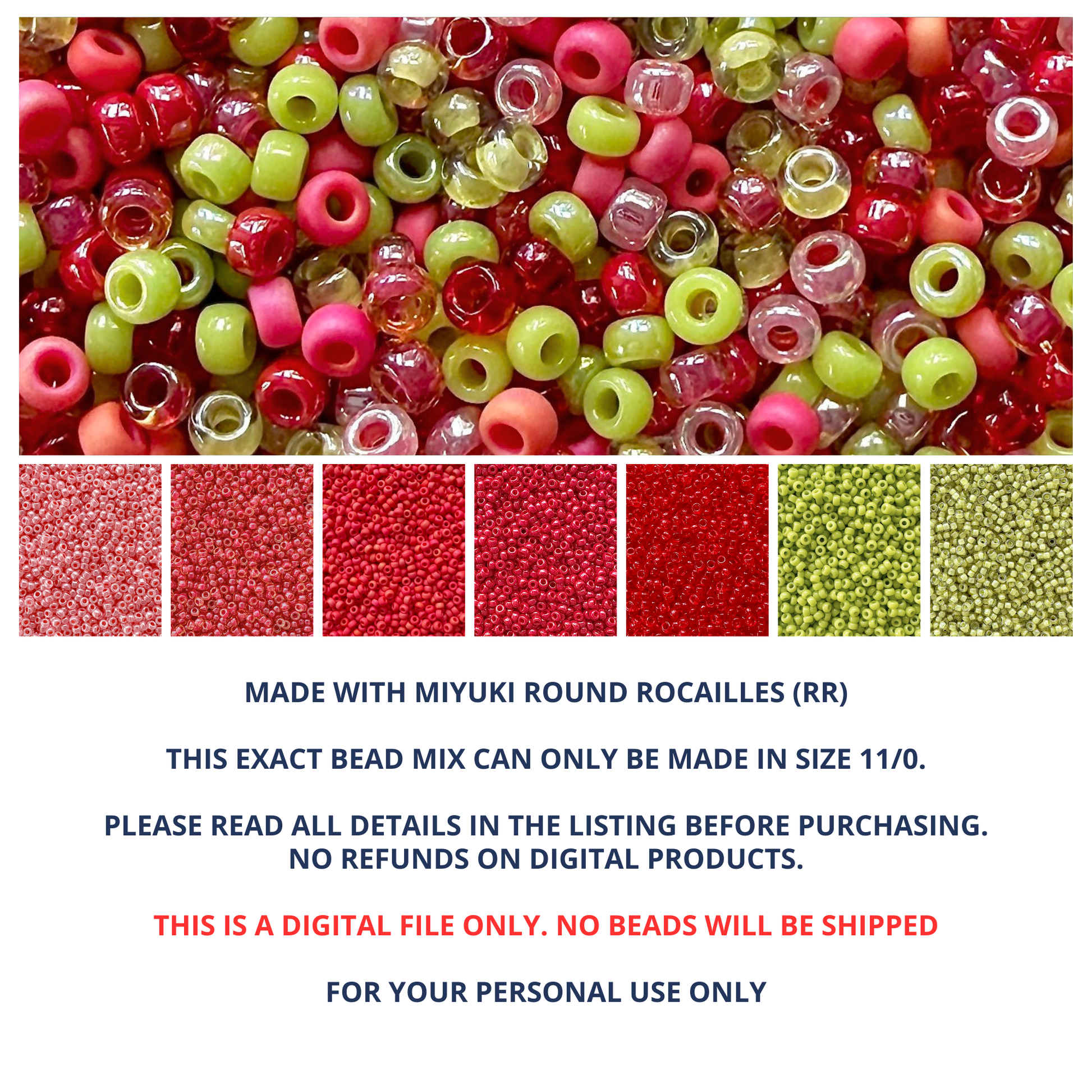 Mix of Miyuki round seed beads in shades of red and green with individual color swatches and product information at the bottom.