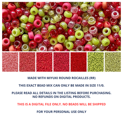 Mix of Miyuki round seed beads in shades of red and green with individual color swatches and product information at the bottom.