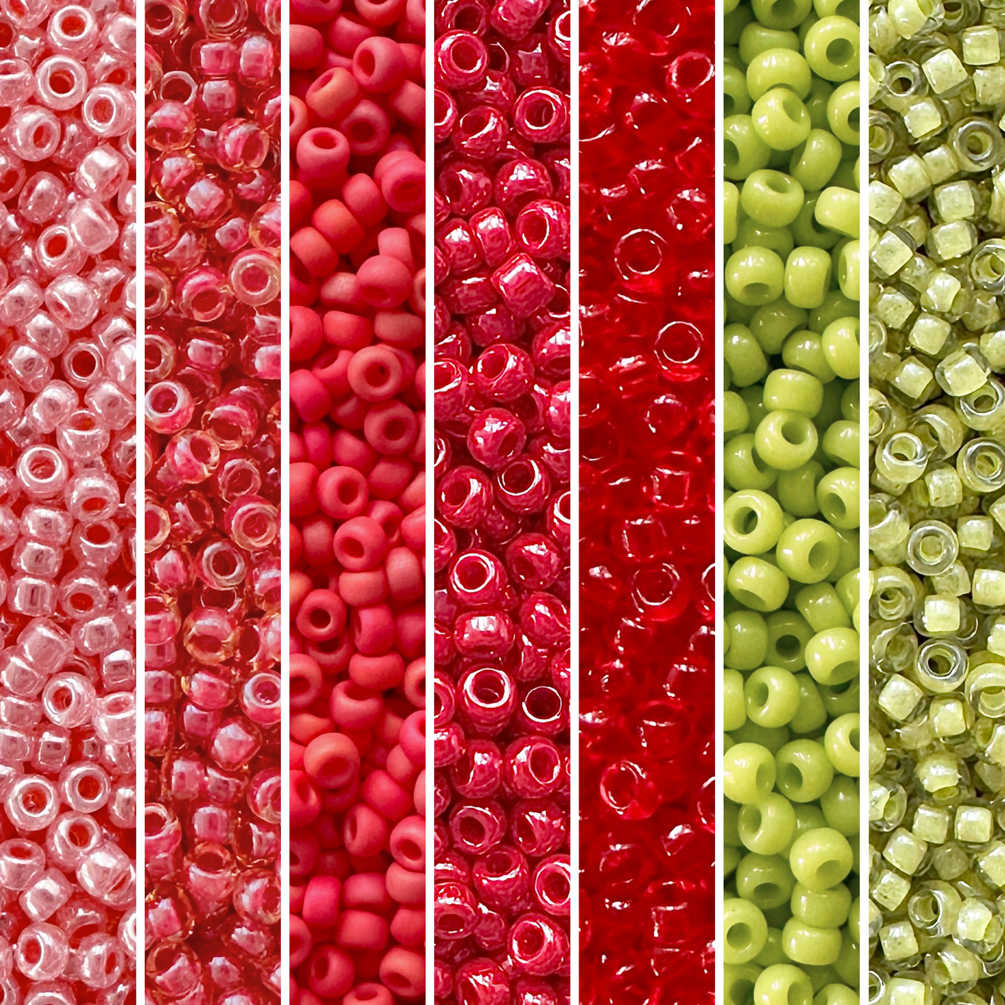 Vertical columns of Miyuki round seed beads in shades of red and green.