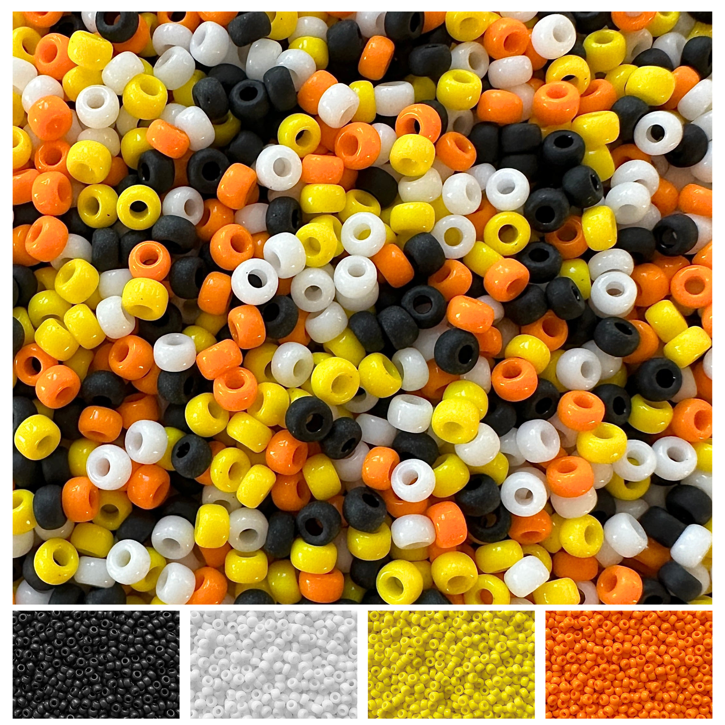 A mix of Miyuki round seed beads in black, white, yellow, and orange like the color of candy corns with individual color swatches below.