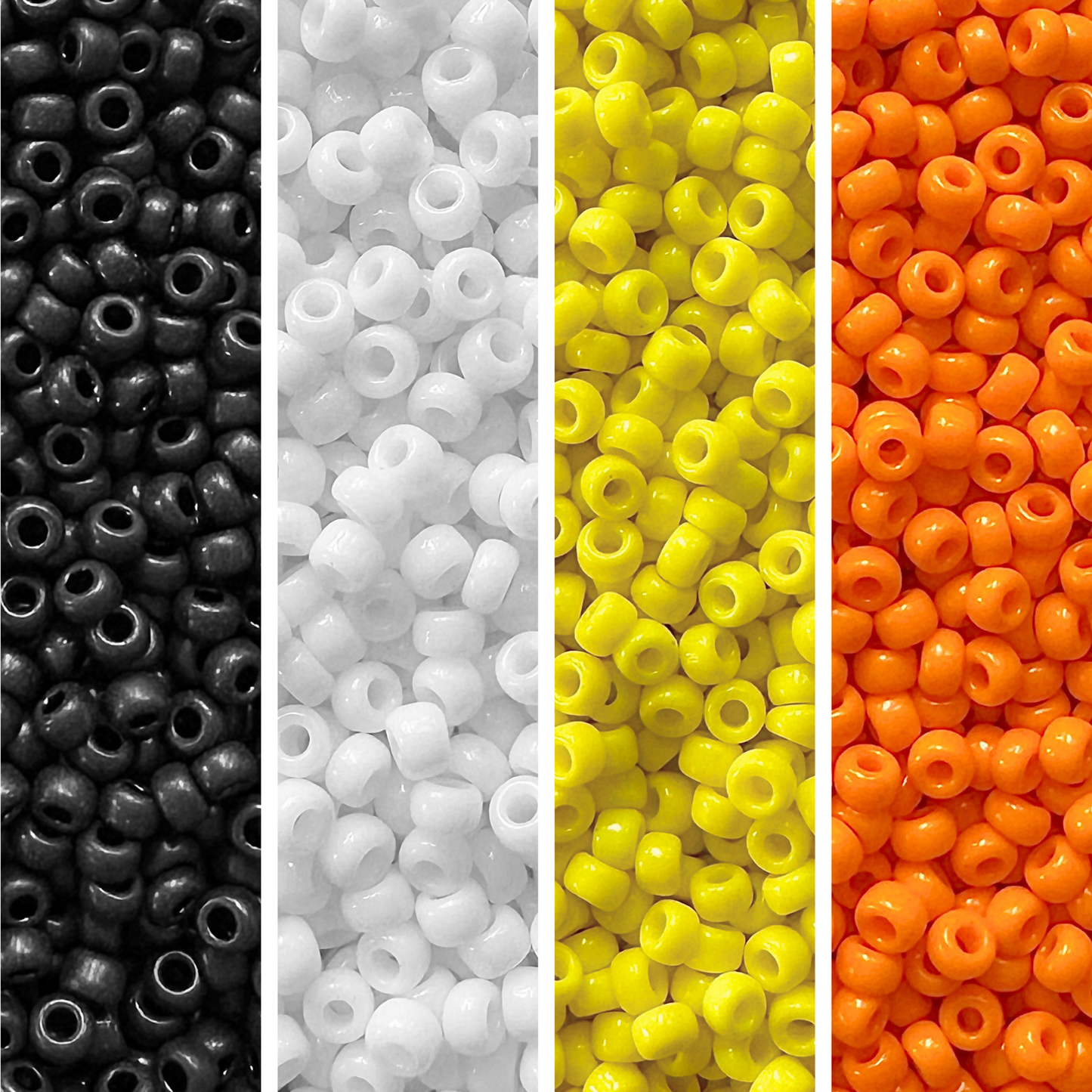 Four vertical panels showing Miyuki round seed beads in black, white, yellow, and orange.