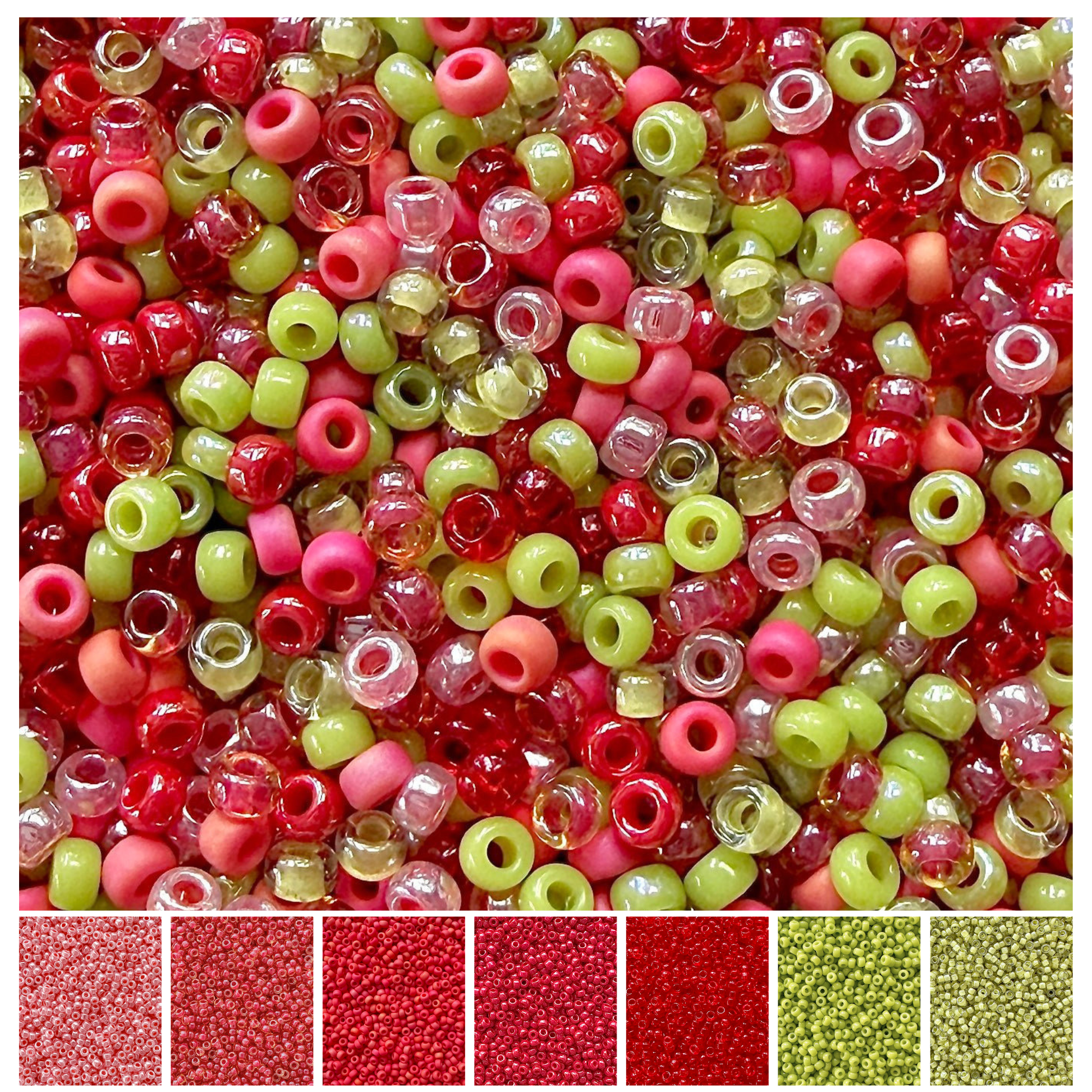 Mix of Miyuki round seed beads in shades of red and green with individual color swatches at the bottom.