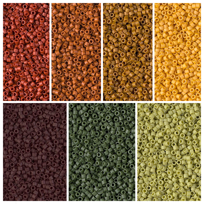 4 x 3 grid with Miyuki Delica beads in Autumn colors. One color per box.