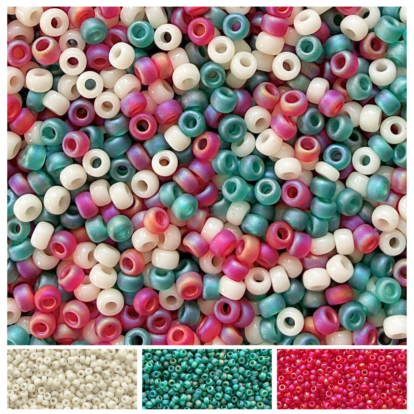 Mix of Miyuki round seed beads in shades of red, green, and cream with individual color swatches below.