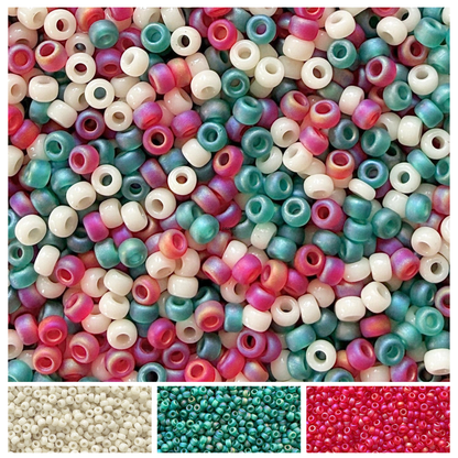 Mix of Miyuki round seed beads in shades of red, green, and cream with individual color swatches below.