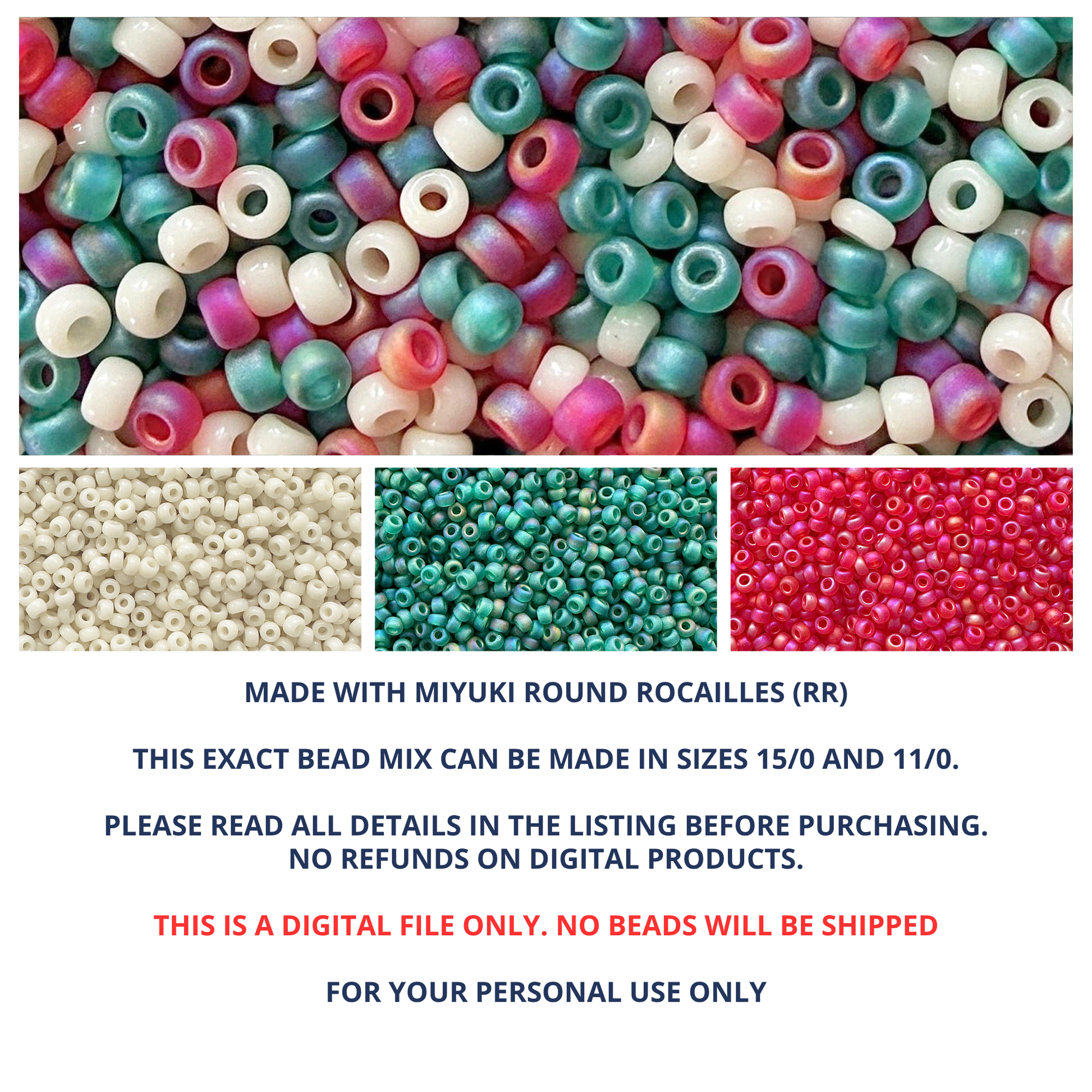 Mix of Miyuki round seed beads in shades of red, green, and cream with individual color swatches and product details below.
