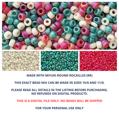 Mix of Miyuki round seed beads in shades of red, green, and cream with individual color swatches and product details below.