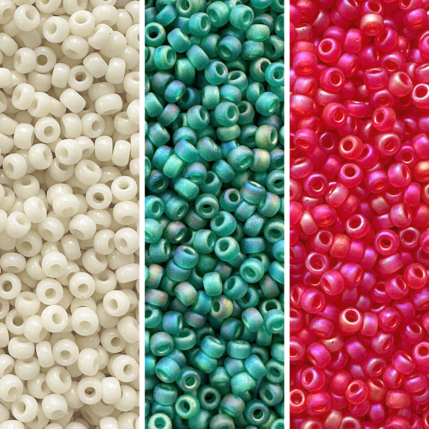 3 vertical columns of Miyuki round seed beads in shades of cream, green, and red.