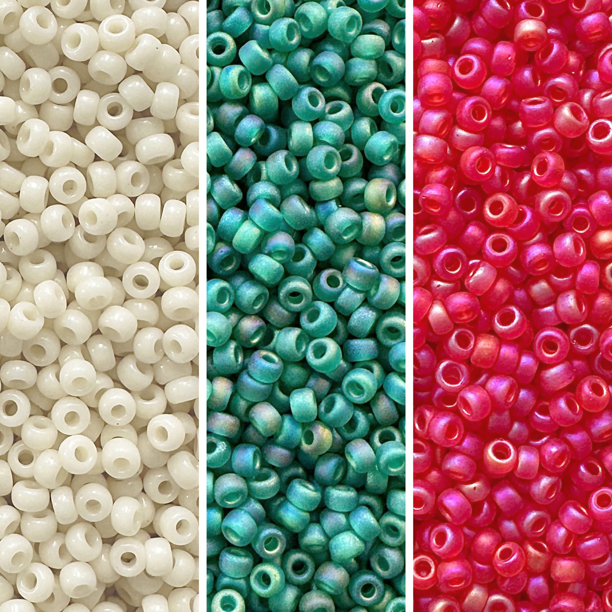 3 vertical columns of Miyuki round seed beads in shades of cream, green, and red.