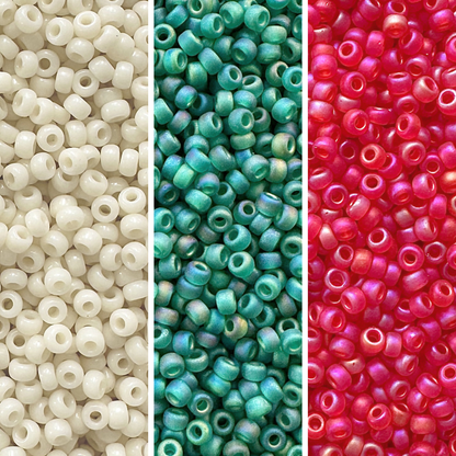 3 vertical columns of Miyuki round seed beads in shades of cream, green, and red.