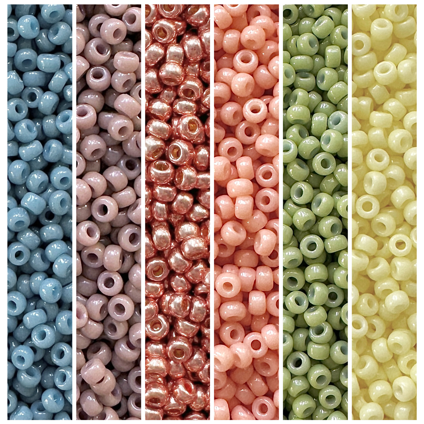 Six vertical columns of small round seed beads in different colors: light blue, french beige, metallic rose gold, peach pink, light green, and pale yellow, shown side by side.