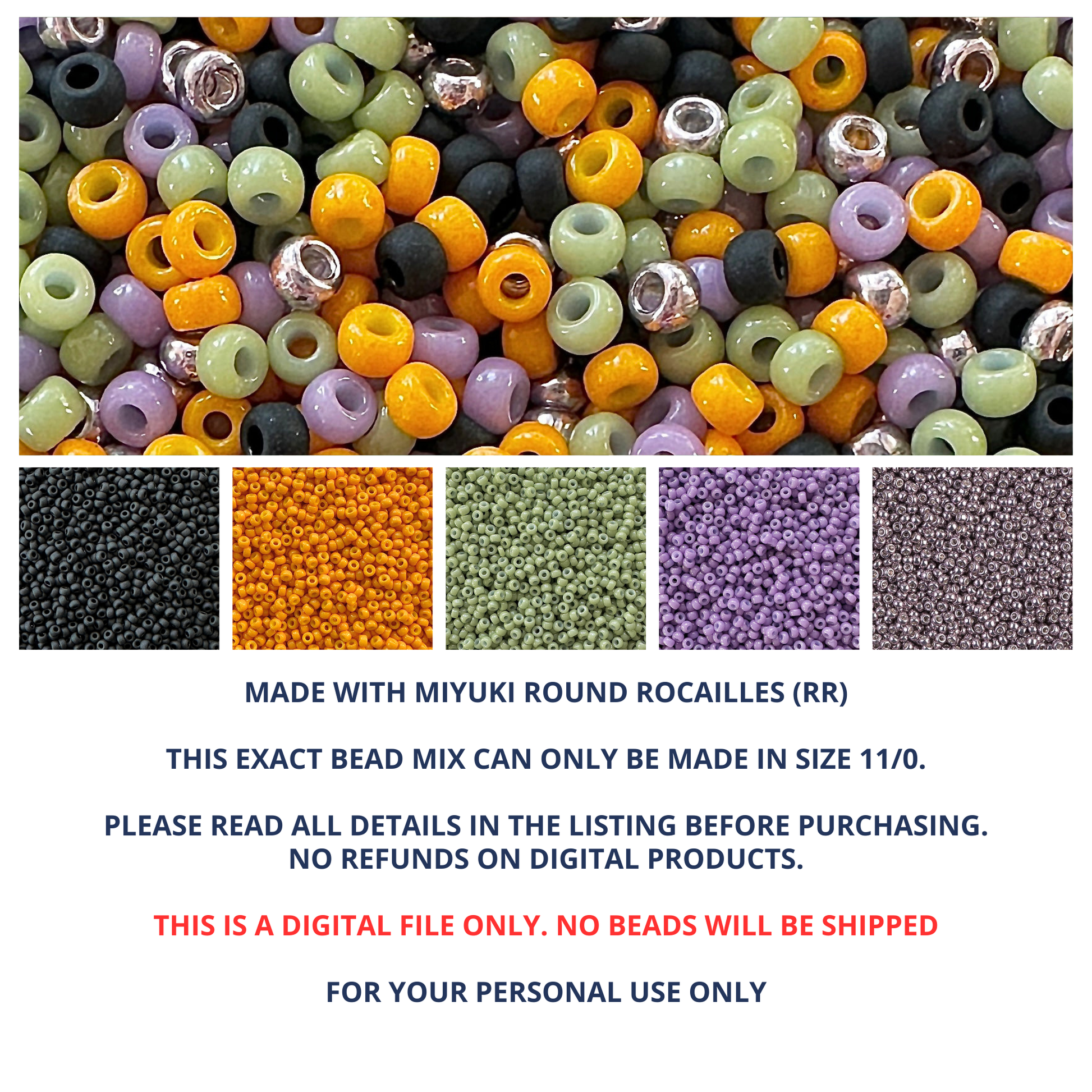 A mix of Miyuki round seed beads in faded halloween colors with individual colors and product information below.