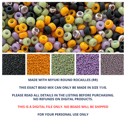 A mix of Miyuki round seed beads in faded halloween colors with individual colors and product information below.