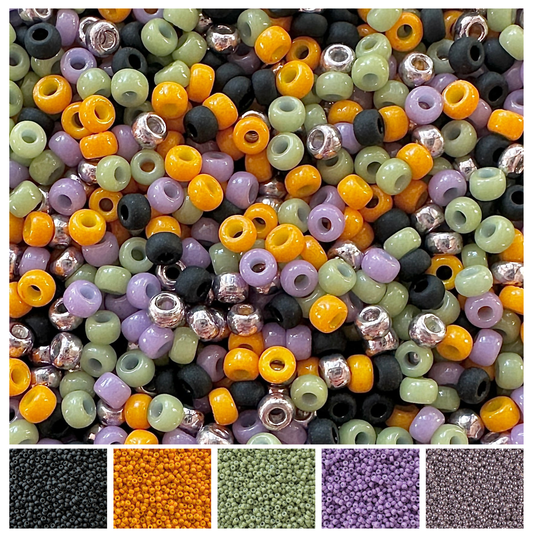 A mix of Miyuki round seed beads in faded Halloween colors with individual color swatches at the bottom.