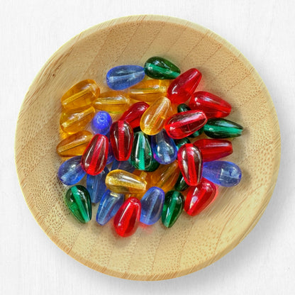 Czech Pressed Glass Teardrop Beads in Christmas Light Colors