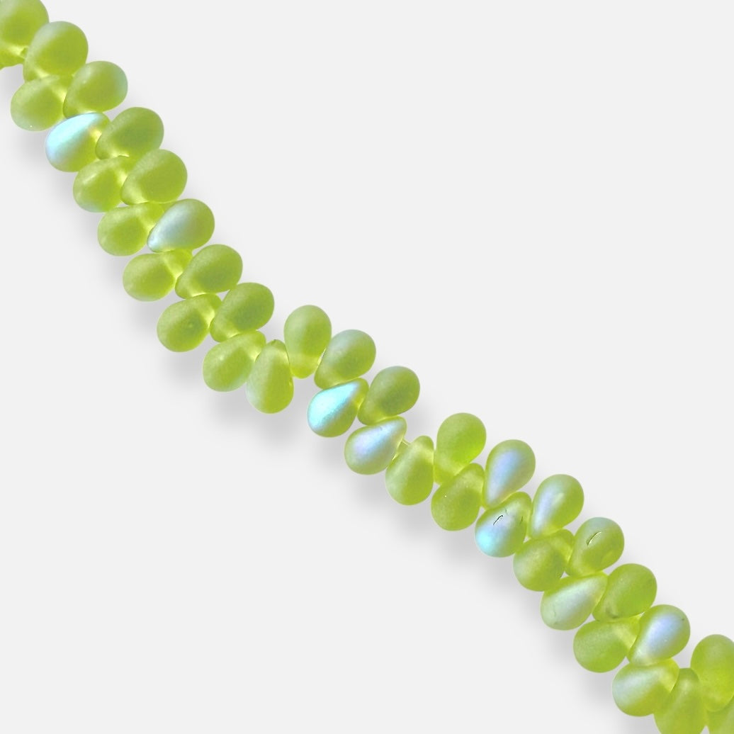4 x 6mm Czech Glass Droplet Beads - Frosted Olive AB