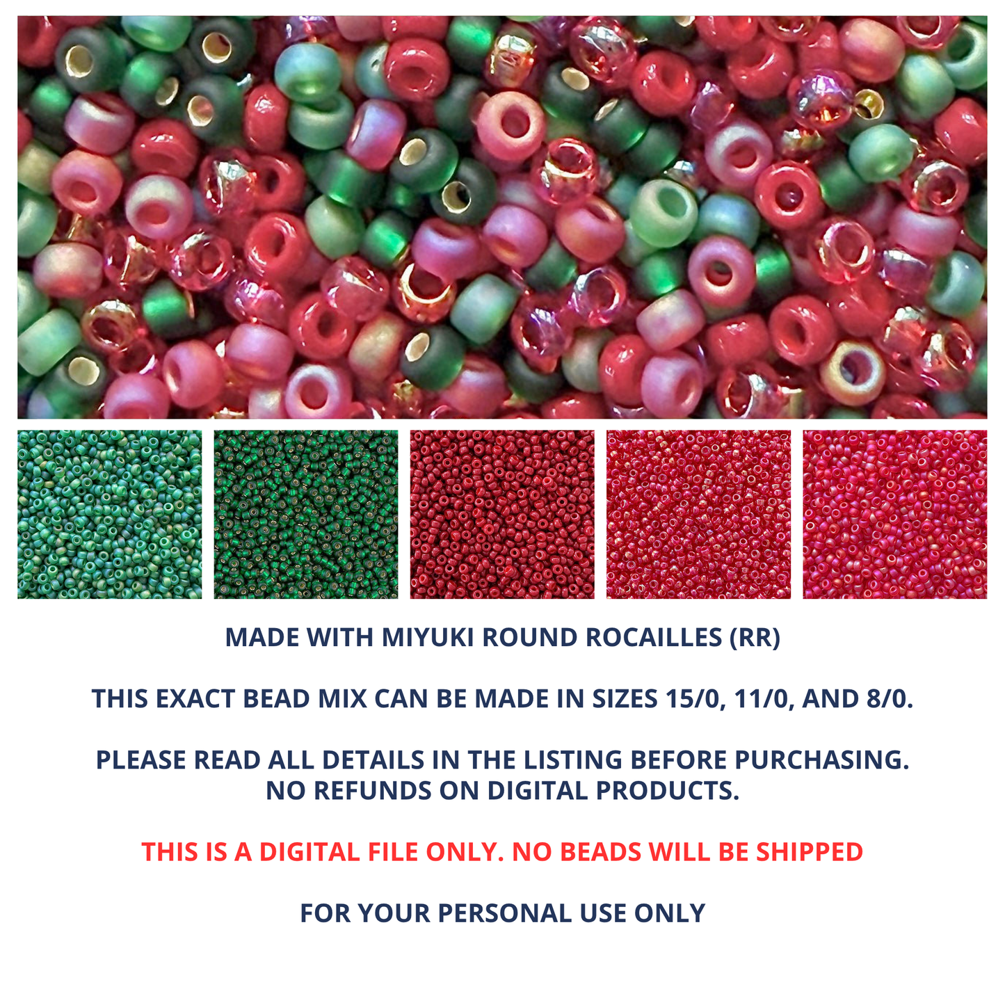 Mix of Miyuki round seed beads in shades of red and green with individual color swatches and product details below.