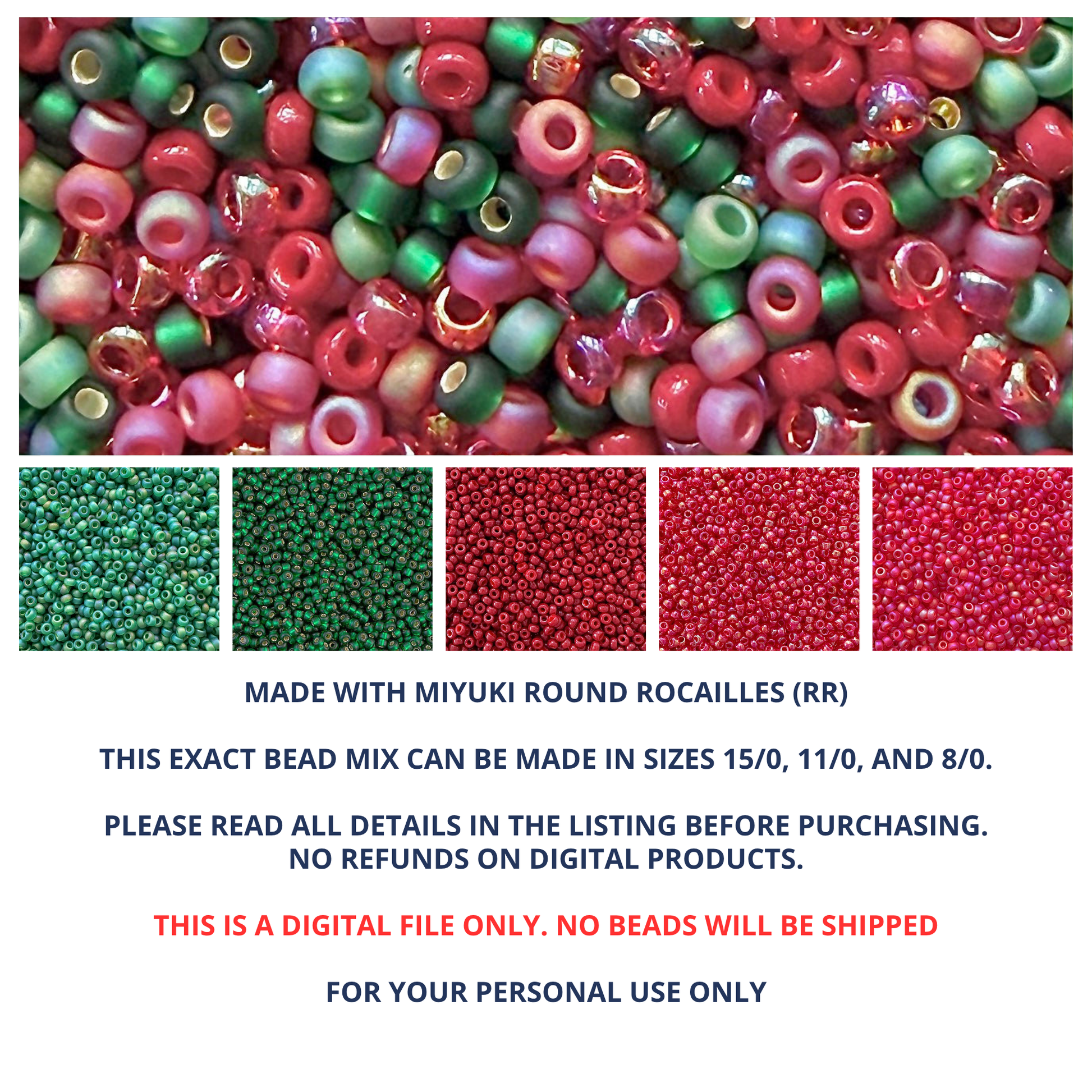 Mix of Miyuki round seed beads in shades of red and green with individual color swatches and product details below.