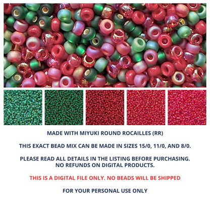 Mix of Miyuki round seed beads in shades of red and green with individual color swatches and product details below.
