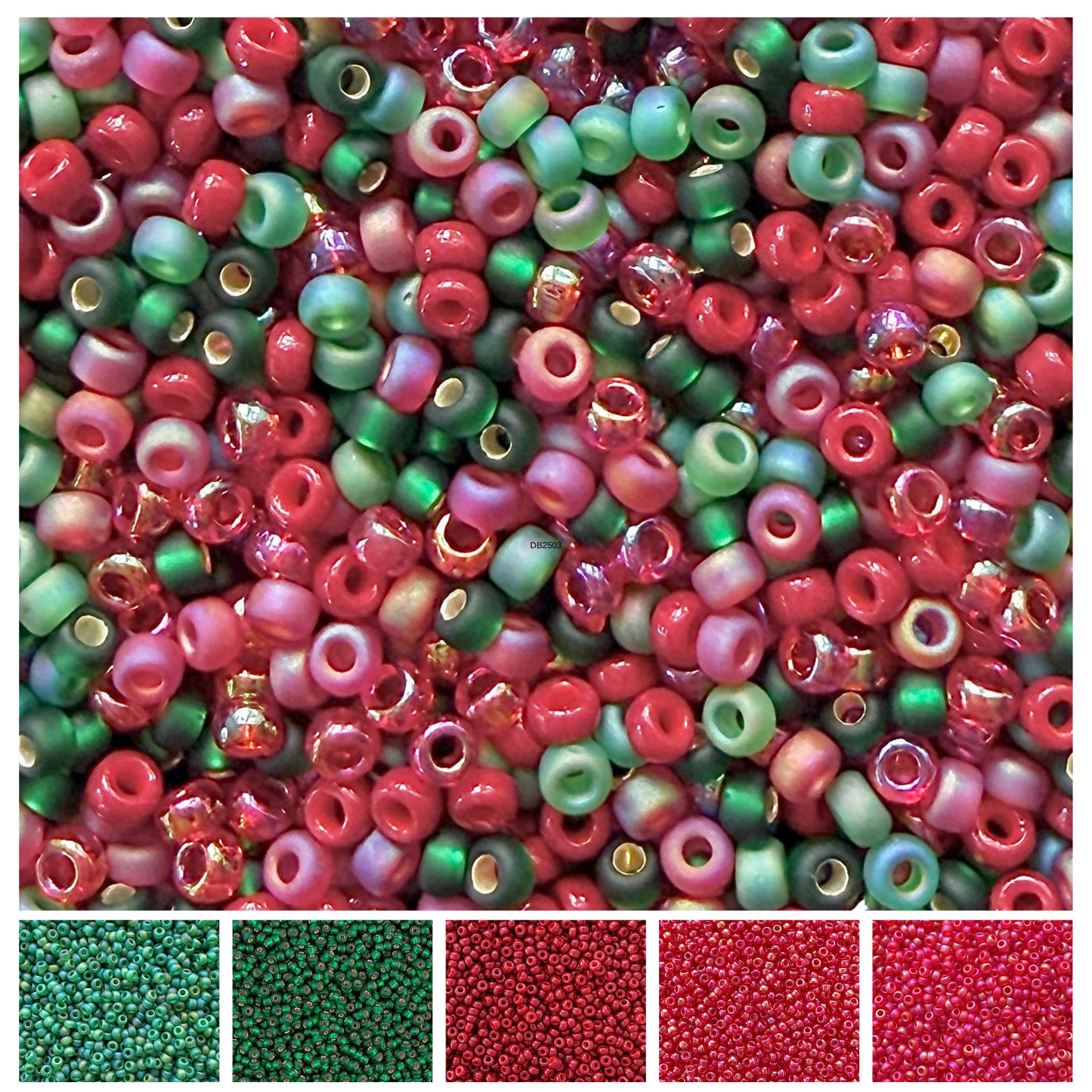 Mix of Miyuki round seed beads in shades of red and green with individual color swatches below.