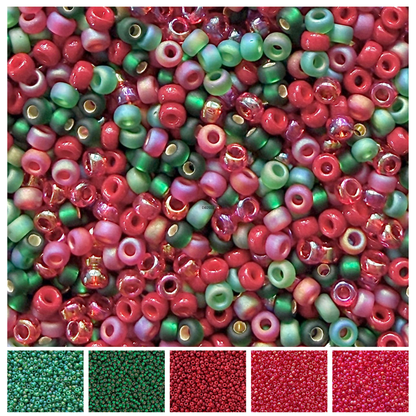Mix of Miyuki round seed beads in shades of red and green with individual color swatches below.