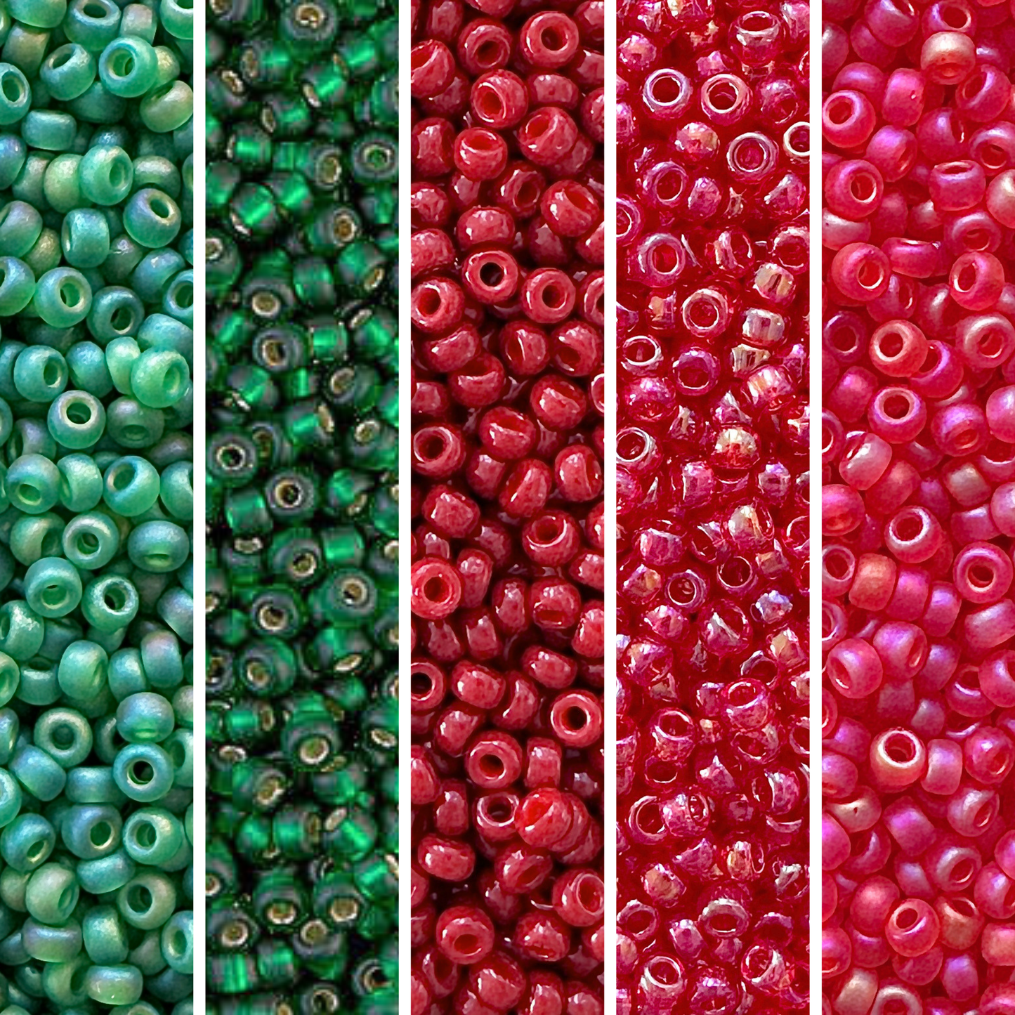 5 vertical columns of Miyuki round seed beads in shades of green and red.